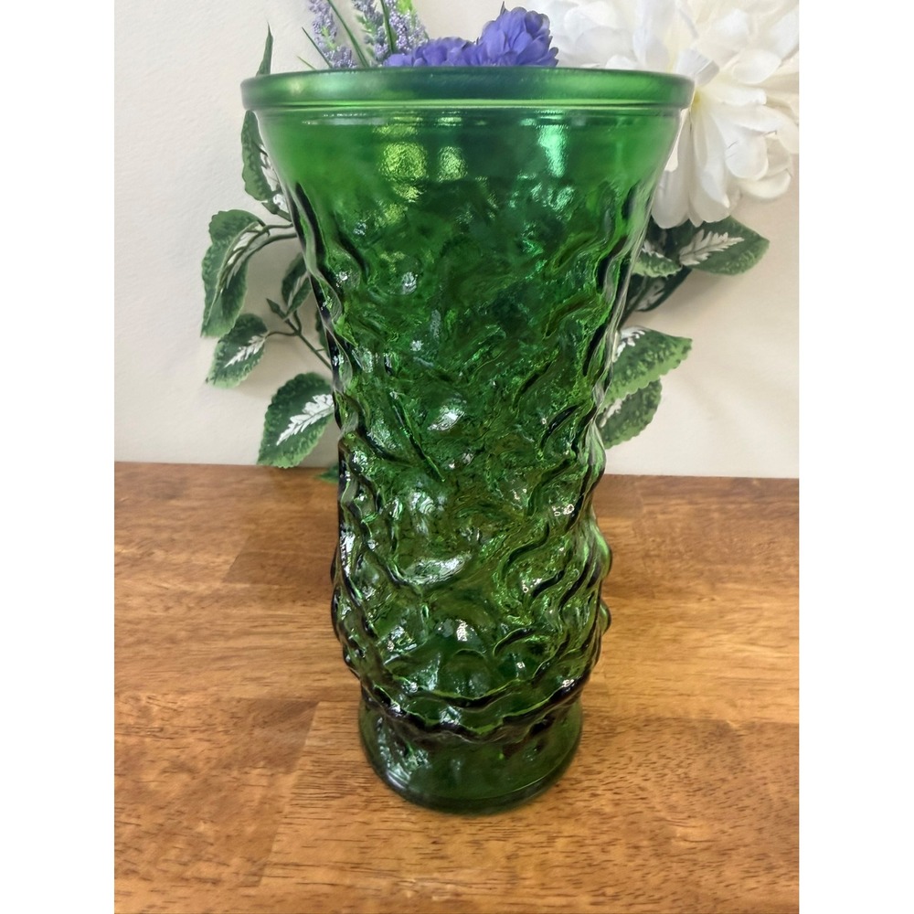 Vintage Hoosier Glass‎ Emerald Green Bark Texture Vase Mid Century Modern